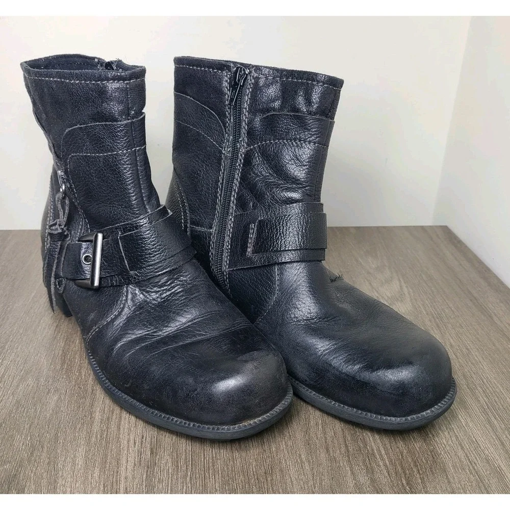 Earth Origins Womens Black Leather Billie Boots Side Zip Buckle Comfort Shoes